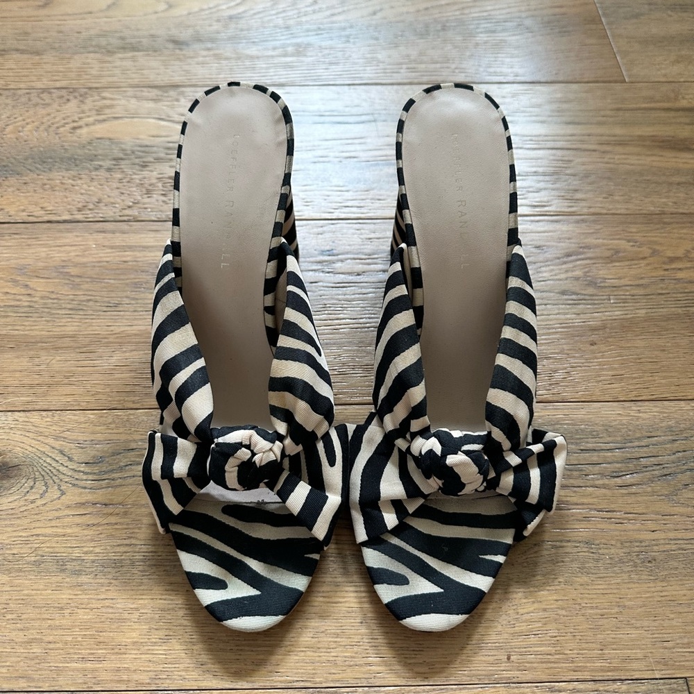 Loeffler Randall Knotted Striped Mules, Beige and Black, Size 9.5